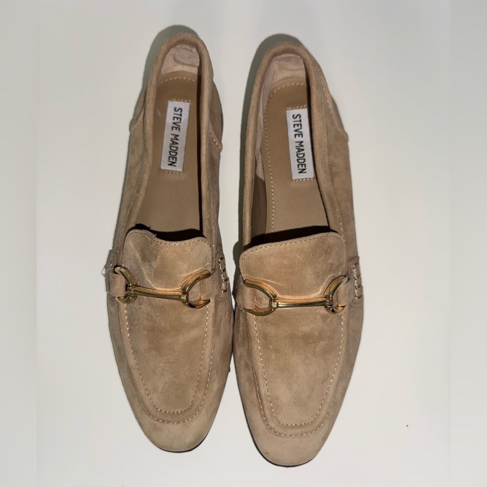 Steve Madden Beige Suede Loafers with Gold Detail